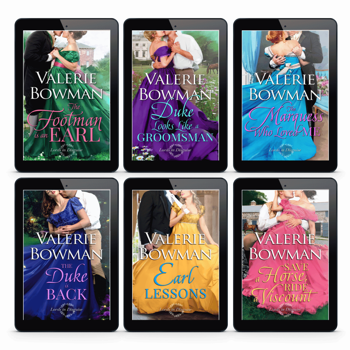 Collection of Lords in Disguise historical romance novel series by Valerie Bowman displayed on electronic devices with colorful covers.