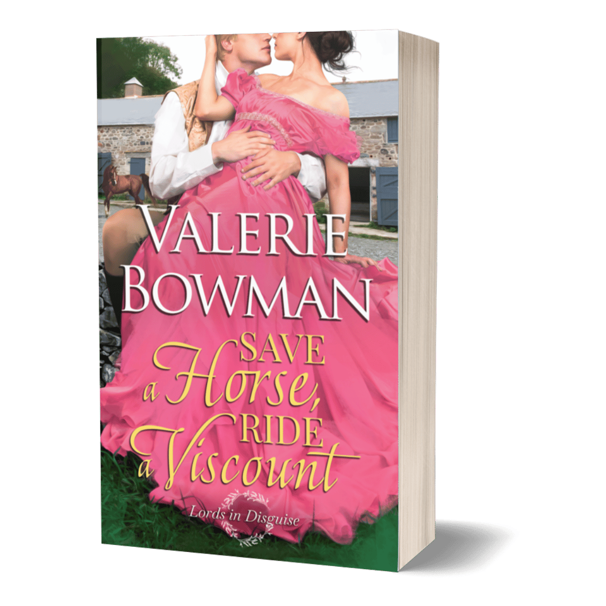 A 3D book mockup of 'Save a Horse, Ride a Viscount' a steamy Regency romance novel by Valerie Bowman, showing the front cover with a romantic illustration of a couple in a pink dress and a horse, set against a solid green background.