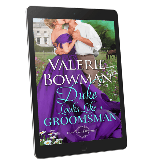 Ebook cover of 'Duke Looks Like a Groomsman' a historical romance by Valerie Bowman on a tablet screen.