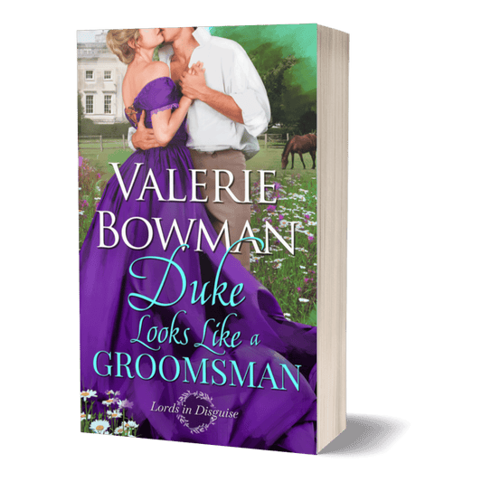 A 3D mockup of a paperback book titled 'Duke Looks Like a Groomsman' a steamy Regency romance novel by Valerie Bowman, showing a romantic cover illustration of a couple in a field with a horse and a white house in the background, set against a solid green backdrop.