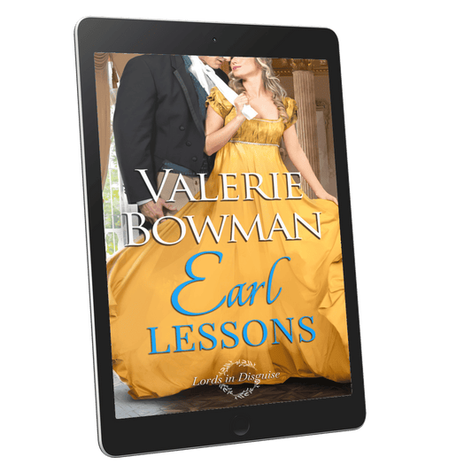 Tablet displaying the book cover of 'Earl Lessons' a historical romance by Valerie Bowman on a transparent background
