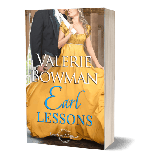 Book cover for 'Earl Lessons' a steamy Regency romance novel by author Valerie Bowman, featuring a woman in a yellow gown and a man in a black suit, shown as a 3D book mockup on a solid green background.