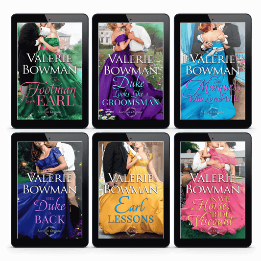Collection of Lords in Disguise historical romance novel series by Valerie Bowman displayed on electronic devices with colorful covers.