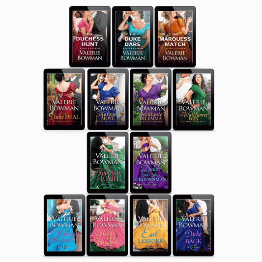 A bundle of 13 e-book covers by romance author Valerie Bowman arranged in a grid on a light gray background. The covers feature romantic historical fiction novels with women in colorful period dresses, and the titles include The Duchess Hunt, The Duke Dare, The Marquess Match, The Footman is an Earl, Duke Looks Like a Groomsman, The Marquess Who Loved Me, The Debutante Dilemma, and the Wallflower Win.